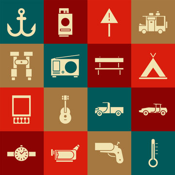 Set Meteorology thermometer, Car, Tourist tent, Exclamation mark in triangle, Radio with antenna, Binoculars, Anchor and Bench icon. Vector