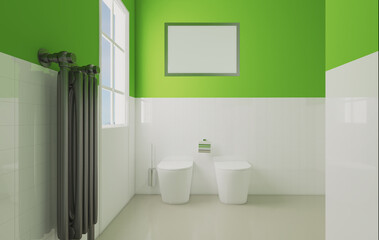Fototapeta na wymiar White bathroom with window enlivened with green accessories. 3D rendering.. Mockup. Empty paintings