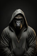 Fototapeta na wymiar Gorilla in a hoodie on dark background. Generative AI