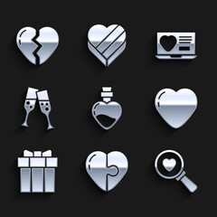 Set Bottle with love potion, Heart, Search heart and, Gift box, Glass of champagne, Dating app online and Broken icon. Vector