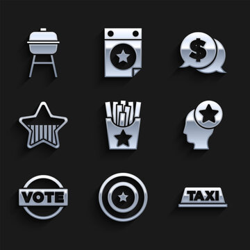 Set Potatoes french fries in box, American star shield, Taxi car roof, USA Head, Vote, Independence day, Coin money with dollar and Barbecue grill icon. Vector
