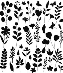 set of silhouettes flowers and plants on a white background isolated, vector