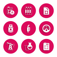 Set Gasoline pump nozzle, Oil petrol test tube, Canister for motor oil, Motor gas gauge, jack, Propane tank,  and  icon. Vector