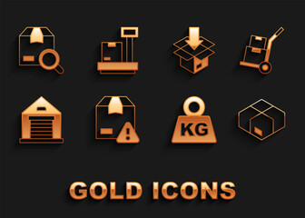 Set Delivery security with shield, Hand truck and boxes, Carton cardboard, Weight, Warehouse, Search package and Scale icon. Vector