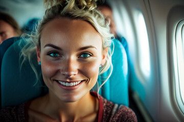 Fototapeta na wymiar on plane, woman flying in a passenger plane and sitting in her seat, big smile as anticipation and positive excitement. Generative AI