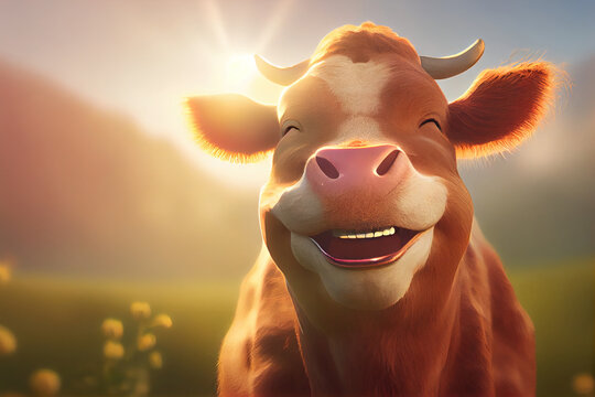 smiling cow in front of the sun, Generative Ai