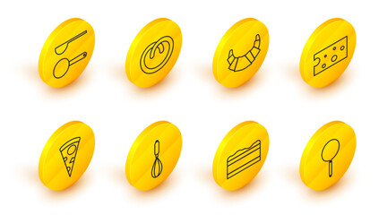 Set line Frying pan, Brownie chocolate cake, Kitchen whisk, Slice of pizza, Cheese, Croissant, Pretzel and Measuring spoon icon. Vector