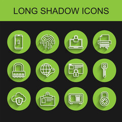 Set line Cloud and shield, Identification badge, Smartphone with lock, Safe, combination wheel, Globe key, Key and Secure your site HTTPS, SSL icon. Vector