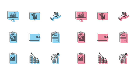 Set line Clipboard with graph chart, Pie infographic and coin, Computer monitor, Target, Wallet, resume,  and Board icon. Vector