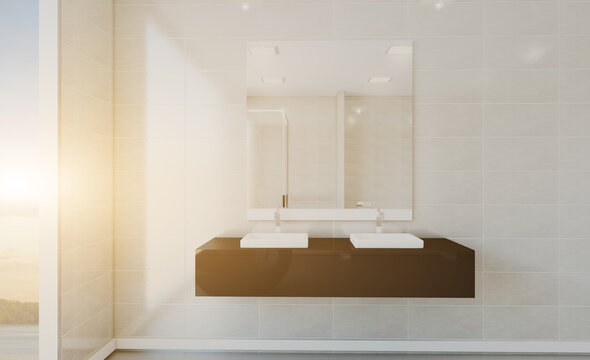 Modern bathroom including bath and sink. 3D rendering.. Sunset.