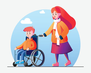 A kid caring for a friend who is temporarily disabled and recovering, Flat design