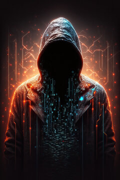 Anonymous hacker with hood with programming codes and symbols. Generative AI