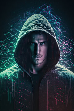 Man hacker with hood with programming codes and symbols. Generative AI
