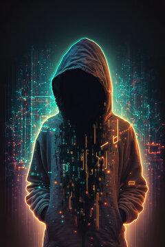 Anonymous hacker with hood with programming codes and symbols. Generative AI