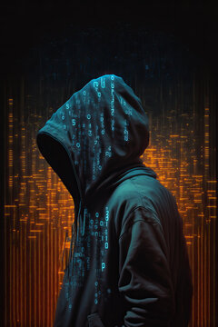 Anonymous hacker with hood with programming codes and symbols. Generative AI