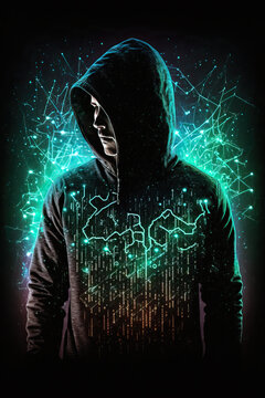 Man hacker with hood with programming codes and symbols. Generative AI