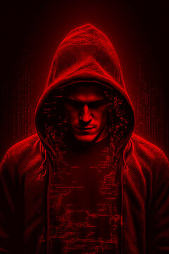 Man hacker with hood with programming codes and symbols. Generative AI