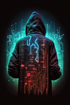 Back view of anonymous hacker with hood with programming codes and symbols. Generative AI