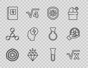 Set line Solar system, Square root of x glyph, Shield protecting from virus, Diamond, Electrical panel, Head and electric symbol, Test tube flask and Radioactive icon. Vector