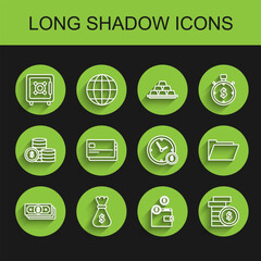 Set line Stacks paper money cash, Money bag, Safe, Wallet with coins, Coin dollar symbol, Credit card, Document folder and Time is icon. Vector