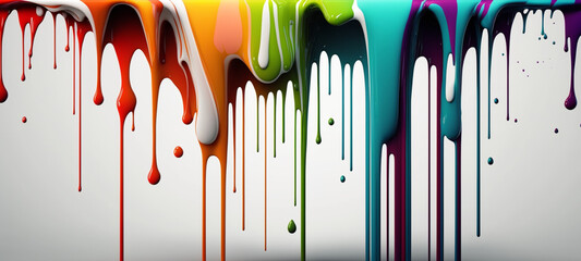 Abstract 3d design background of multicolored paint flowing down a white wall. Dripping colorful liquid. Digital art. created with ai