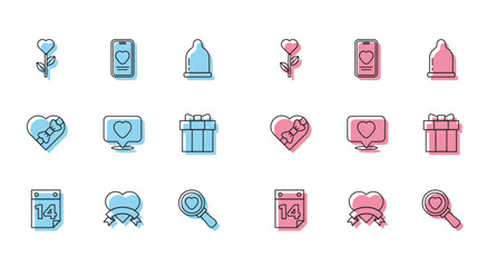 Set line Calendar with February 14, Heart, shape in flower, Search heart and love, Like, Gift box, Candy shaped and Online dating app chat icon. Vector