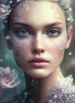 spring glam beauty portrait of a young woman, Generative AI