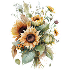 Watercolor floral bouquet composition with Sunflower, png transparent background, generative ai.