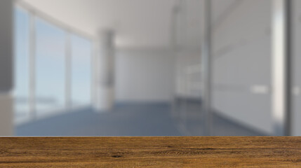 Open space office interior with like conference room. Mockup. 3D. Background with empty wooden table. Flooring.