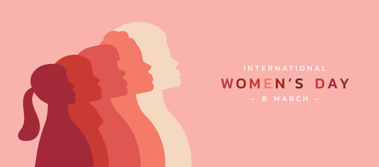 female diverse faces in silhouette on 8 March International women day and the feminist movement for independence, freedom, empowerment, and activism for woman rights, vector flat illustration - obrazy, fototapety, plakaty