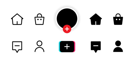 Mockup set collection icons, symbols, signs: home, shop, create, inbox, and profile. Social media Tiktok concept