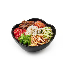 Kook-su soup with beef black dish white background isolated