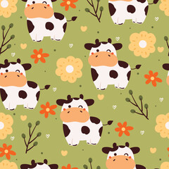 seamless pattern cartoon cow and flower. cute animal wallpaper for textile, gift wrap paper