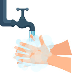 Cartoon object faucet and washing hand prevent coronavirus disease