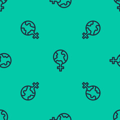 Blue line Feminism in the world icon isolated seamless pattern on green background. Fight for freedom, independence, equality.  Vector