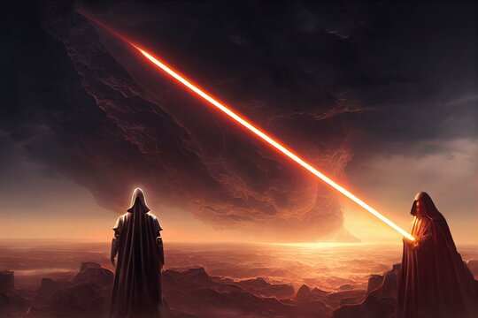 Sith Lord che medita di fronte ad un pianeta nel cielo oscuro, atmosfera oscura. Generative AI