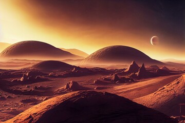Fototapeta na wymiar Alien Dome city on mars with planets in the background sci-fi landscape. Generative AI