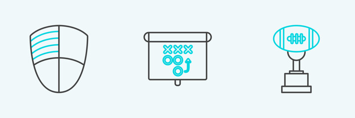 Set line Award cup and American football ball, Football club logo template and Planning strategy concept icon. Vector