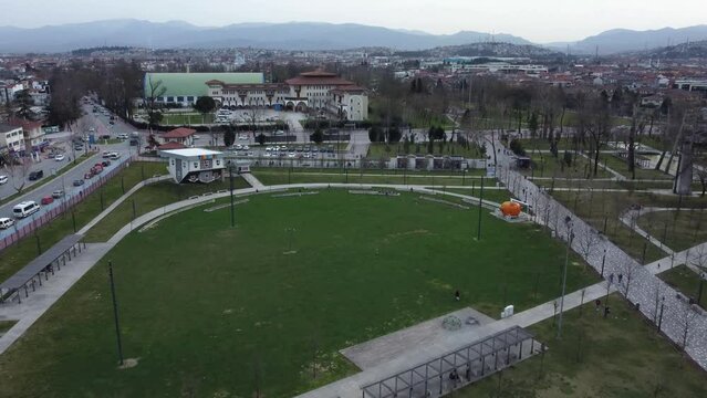Sakarya Millet Bahcesi. Public park in city center. Aerial view of Sakarya National Garden. Green recreational areas in city. Drone view.