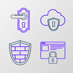 Set line Secure your site with HTTPS, SSL, Shield cyber security brick wall, Cloud and shield and Door handle icon. Vector