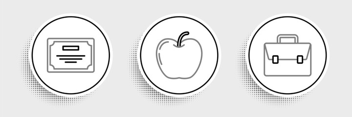Set line Briefcase, Certificate template and Apple icon. Vector