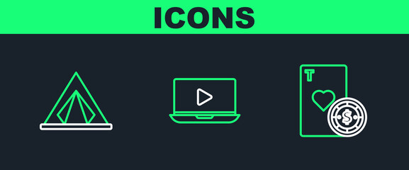 Set line Casino chip and playing cards, Tourist tent and Online video icon. Vector