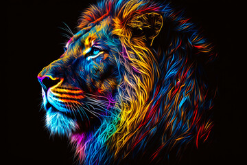Bright Colorful Neon Lionl Animal Portraits.Generative Ai