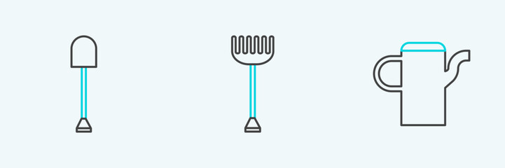 Set line Watering can, Shovel and Garden rake icon. Vector