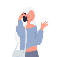 Girl talking on mobile. Phone conversation, giving a call, calling friends vector illustration