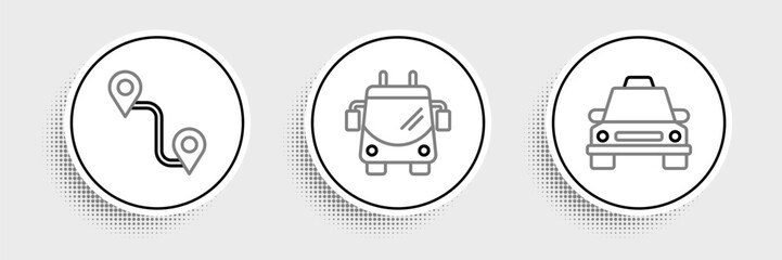 Set line Taxi car, Route location and Trolleybus icon. Vector