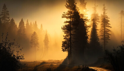 Natural background - Dreamlike Environment: Beautiful Foggy Forest at Sunrise -ai generated