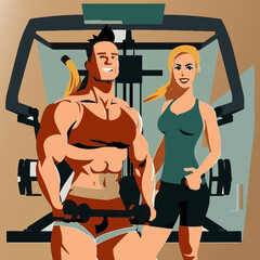 Vector illustration of a man and a woman working out in the gym