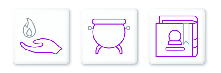 Fototapeta premium Set line Ancient magic book, Hand holding fire and Witch cauldron icon. Vector