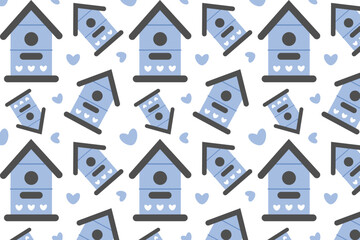 Fototapeta na wymiar Seamless pattern with blue wooden birdhouses decorated with hearts. Bird Day, Nature protection. Cute backdrop for wallpaper, print, textile, fabric, paper, wrapping. Vector flat cartoon illustration